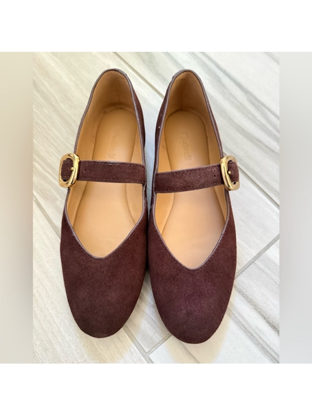 Madewell Remy, Mary Jane Suede Flats in Deep Brown. 
100%leather